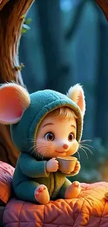 Cartoon mouse character in teal outfit holding a cup with cozy background.