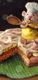 Adorable mouse chef with banana cake on a leaf.