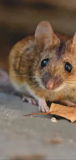 Close-up of a cute mouse with a brown background.