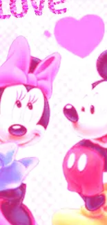 Cartoon mouse couple with pink heart and text 'Love' on a colorful background.