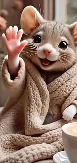 Adorable animated mouse in cozy blanket waving
