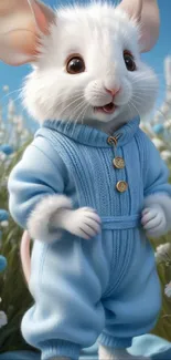 Cute mouse in blue clothes stands amidst flowers.