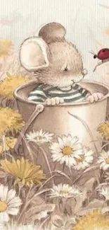 Cute mouse in a bucket amid flowers with a ladybug, in soft pastel hues.