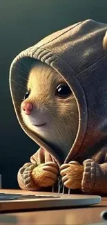 Cute mouse in hoodie at a laptop.