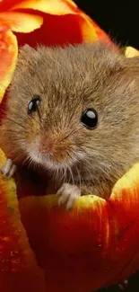 Cute mouse peeking from a vibrant orange tulip.