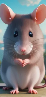 Cute, realistic mouse in nature setting with a calm, light blue background.