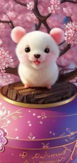 Cute white mouse on pink cherry blossom branch.