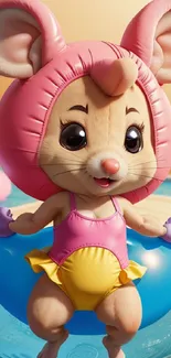 Adorable cartoon mouse in a pool float, wearing pink and yellow swimsuit.