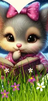 Cute mouse reading a book in a colorful meadow with flowers.