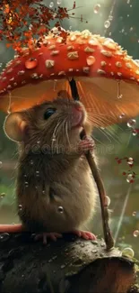 Cute mouse takes shelter under a vibrant mushroom in a magical forest.