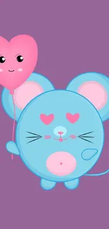 Cartoon blue mouse with heart balloon on purple background.