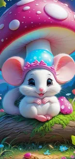 Cute cartoon mouse under a large pink mushroom in a whimsical forest setting.