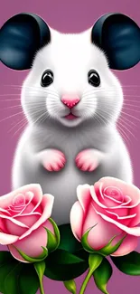 Cute white mouse with pink roses on purple background wallpaper.