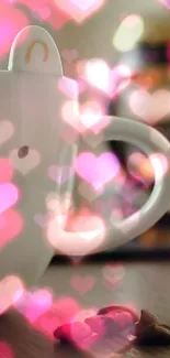 White mug with pink heart bokeh effect, creating a cozy ambiance.