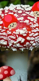 Cartoon mushrooms with red caps and white spots in a whimsical design.