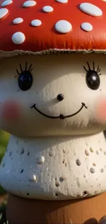 Cute mushroom character with a red cap and smiling face.
