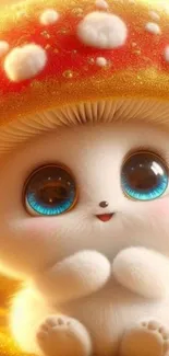 Cute fluffy character with mushroom cap and blue eyes on gold background.