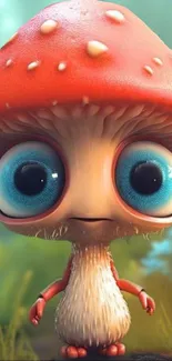 Cute mushroom character with big eyes in a colorful fantasy setting.