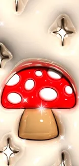 Glossy red mushroom surrounded by sparkling accents on beige background.