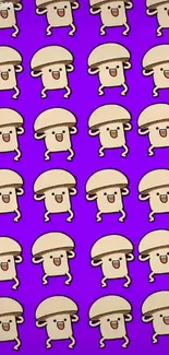 Cute cartoon mushrooms on purple background pattern.