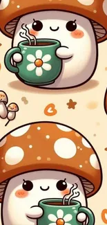 Cartoon mushroom holding tea cup in cute wallpaper.