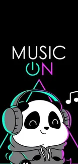 Cute panda with headphones saying 'Music On' in neon colors.