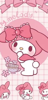 My Melody in pink theme mobile wallpaper with grid background.