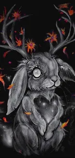 Mystical rabbit with antlers and colorful petals on dark wallpaper.