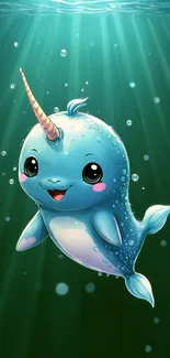 Cute cartoon narwhal swimming in blue ocean.