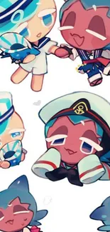 Cute nautical-themed characters in vibrant colors on a mobile wallpaper.