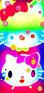 Colorful neon wallpaper with cute cat and floral elements.