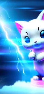 Neon blue cat with lightning on wallpaper