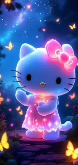 Cute neon cat with glowing butterflies at night.