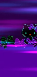 Neon-themed cat wallpaper with purple and colorful bows on a vibrant background.