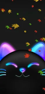 Cute neon cat wallpaper with glowing ears and playful expression.