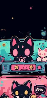 Cute neon cat wallpaper with vibrant colors and adorable cartoon designs.