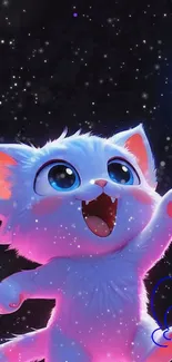 Cute neon cat with stars in cartoon wallpaper.