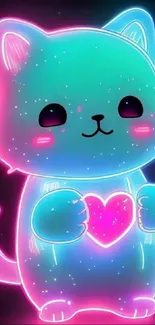 Neon cat with heart glowing in vibrant colors, perfect wallpaper.