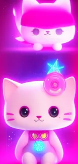 Cute neon cats with glowing effects and pink hues for a charming wallpaper.