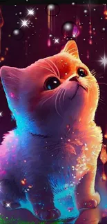 Cute neon cat with colorful glowing details in a vibrant artistic setting.