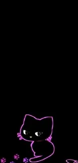 Neon-outlined cute cat on dark wallpaper.