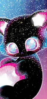 Adorable neon cat holding stars and glowing in vibrant pink and blue.