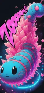 Vibrant neon caterpillar with pink spikes in comic style art.