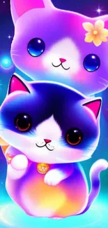 Cute neon cats in a cosmic galaxy backdrop, vibrant mobile wallpaper.