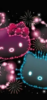 Cute neon cat faces with fireworks.