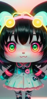 Chibi character with neon cat ears standing brightly illuminated.