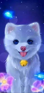 Adorable white puppy with glowing flowers on a dark blue background.