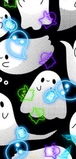 Cute neon ghosts on black background wallpaper.