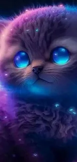 Neon kitten with glowing blue eyes in a whimsical, colorful background.