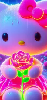 Neon kitty holding a glowing rose in vibrant colors.
